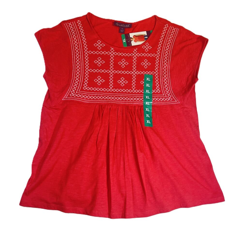 Gloria Vanderbilt Scoop Neck Shirt Woman's XL NEW! Red  White Embroidery Ruched